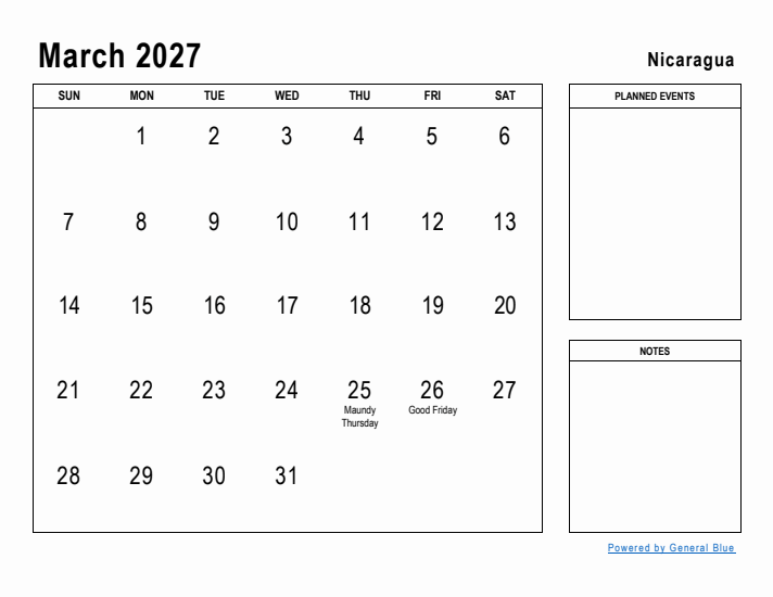 March 2027 Printable Monthly Calendar with Nicaragua Holidays