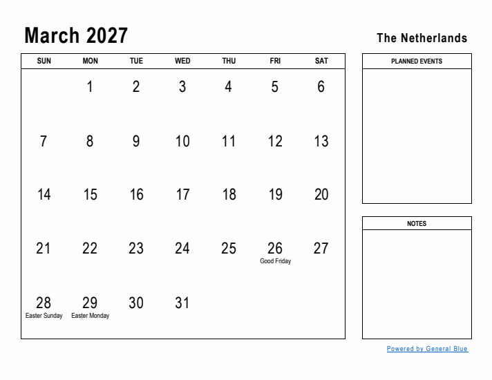 March 2027 Printable Monthly Calendar with The Netherlands Holidays