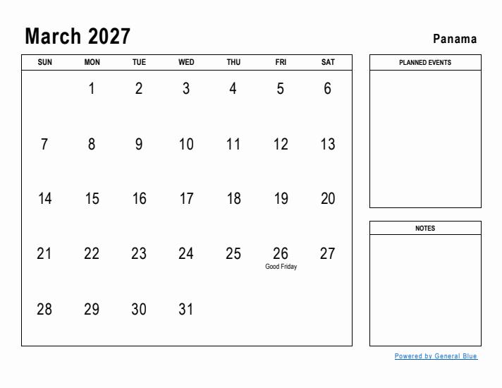 March 2027 Printable Monthly Calendar with Panama Holidays