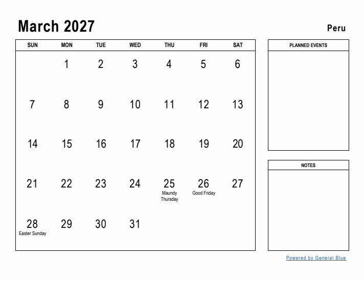 March 2027 Printable Monthly Calendar with Peru Holidays