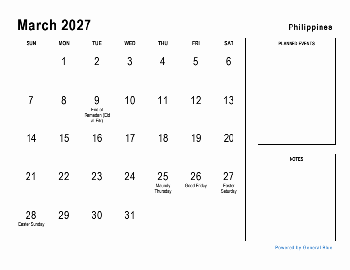 March 2027 Printable Monthly Calendar with Philippines Holidays