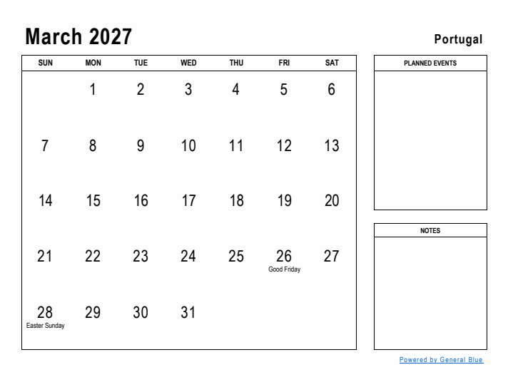 March 2027 Printable Monthly Calendar with Portugal Holidays