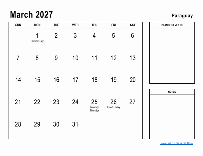 March 2027 Printable Monthly Calendar with Paraguay Holidays