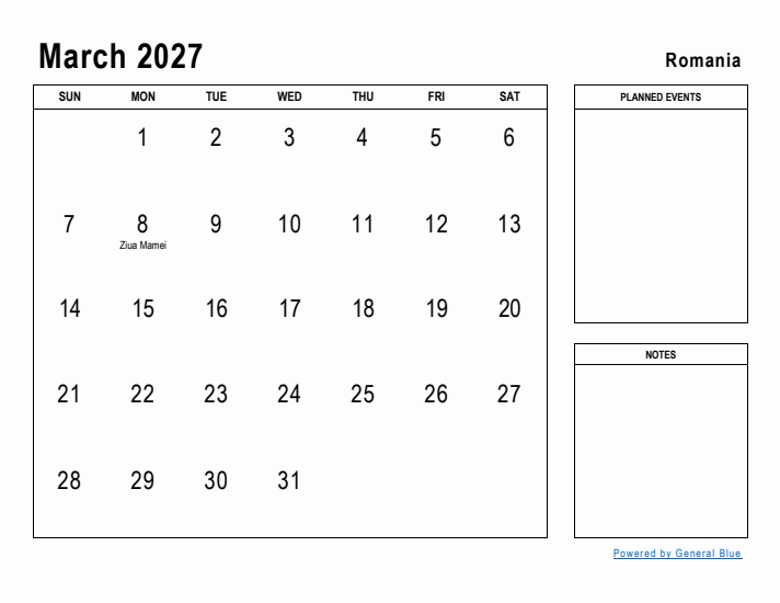 March 2027 Printable Monthly Calendar with Romania Holidays