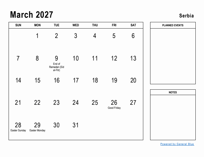 March 2027 Printable Monthly Calendar with Serbia Holidays