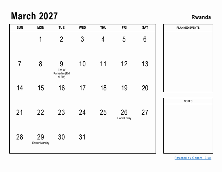 March 2027 Printable Monthly Calendar with Rwanda Holidays