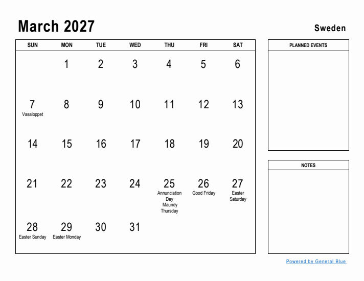 March 2027 Printable Monthly Calendar with Sweden Holidays