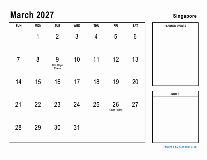 March 2027 Printable Monthly Calendar with Singapore Holidays