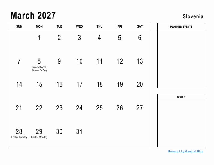 March 2027 Printable Monthly Calendar with Slovenia Holidays