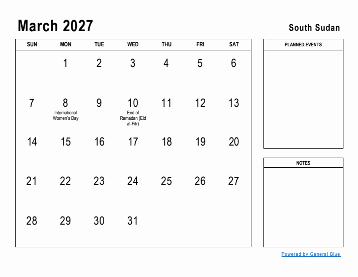 March 2027 Printable Monthly Calendar with South Sudan Holidays