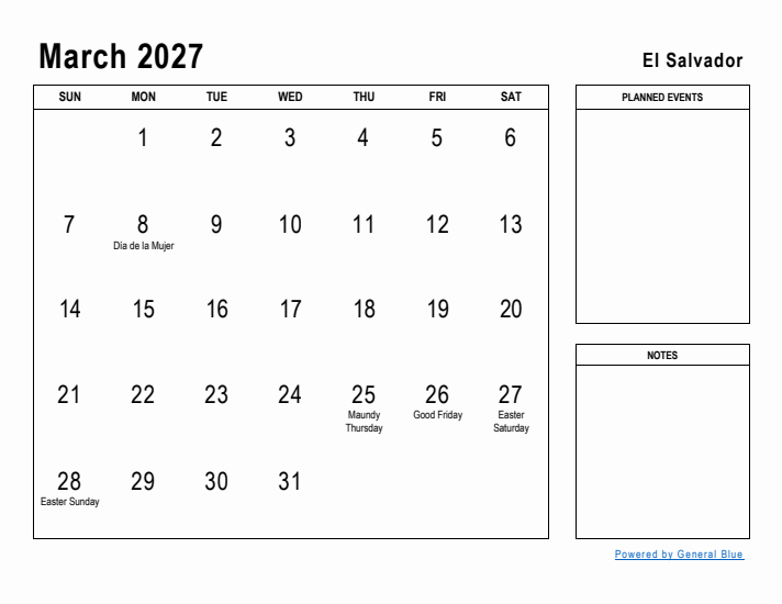 March 2027 Printable Monthly Calendar with El Salvador Holidays