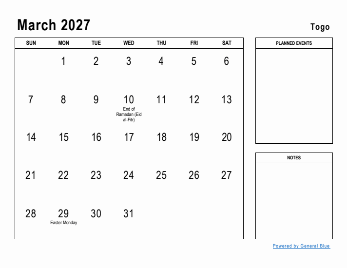 March 2027 Printable Monthly Calendar with Togo Holidays