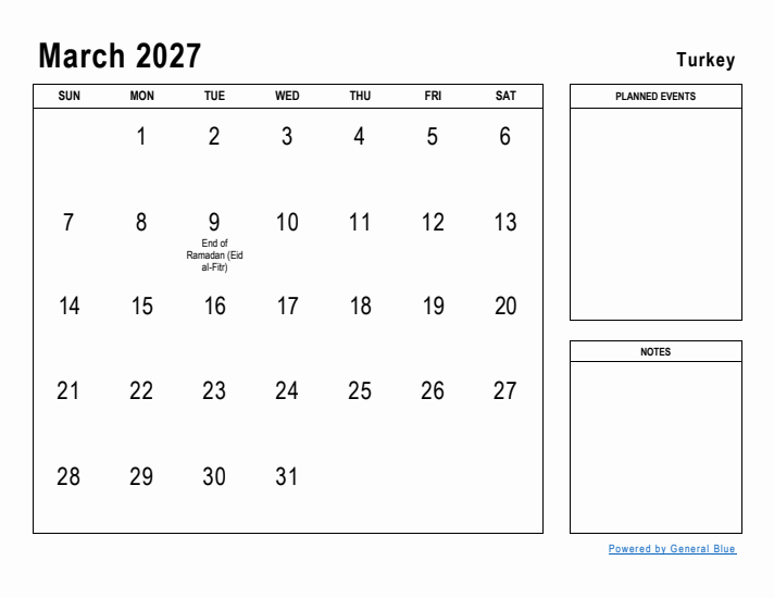 March 2027 Printable Monthly Calendar with Turkey Holidays