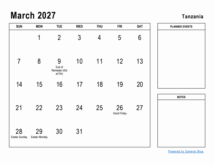 March 2027 Printable Monthly Calendar with Tanzania Holidays