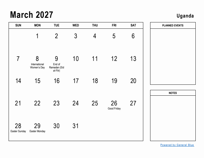 March 2027 Printable Monthly Calendar with Uganda Holidays