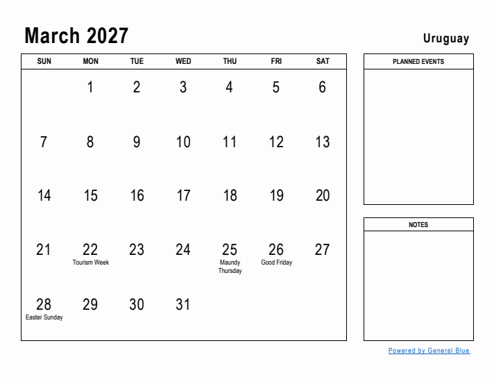 March 2027 Printable Monthly Calendar with Uruguay Holidays