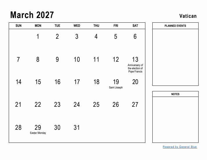 March 2027 Printable Monthly Calendar with Vatican Holidays