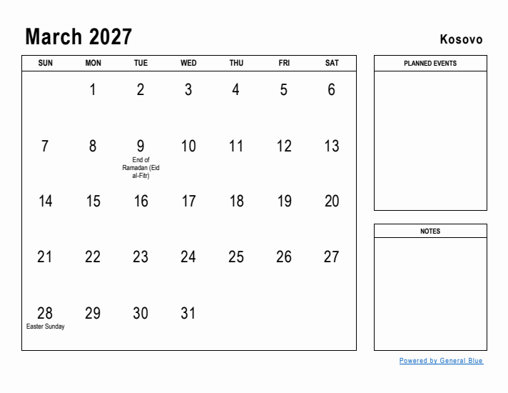 March 2027 Printable Monthly Calendar with Kosovo Holidays