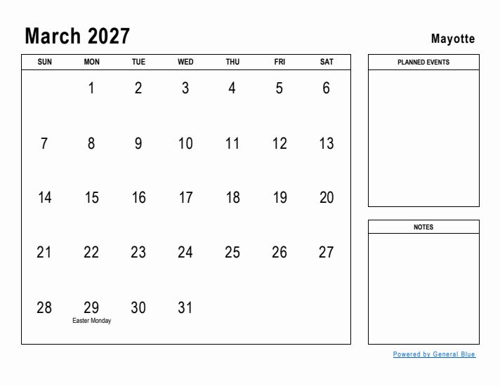 March 2027 Printable Monthly Calendar with Mayotte Holidays