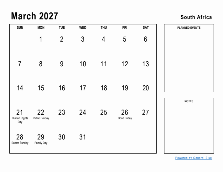 March 2027 Printable Monthly Calendar with South Africa Holidays