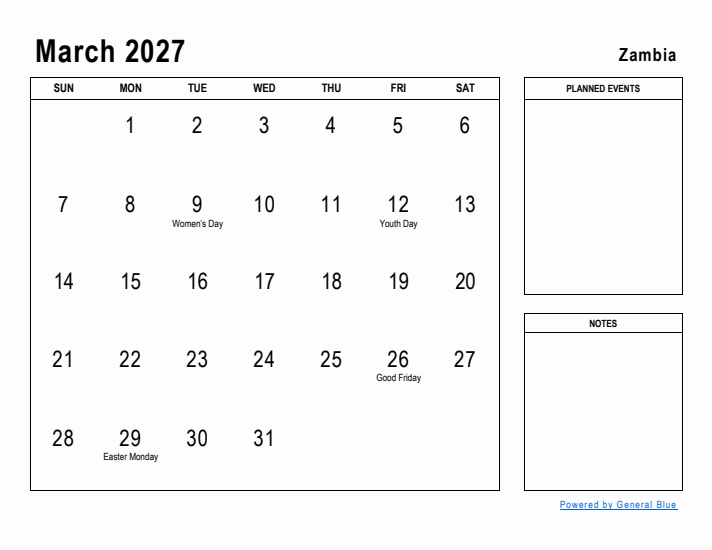 March 2027 Printable Monthly Calendar with Zambia Holidays