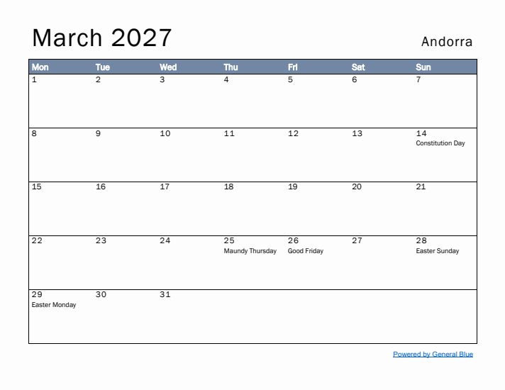 March 2027 Simple Monthly Calendar for Andorra