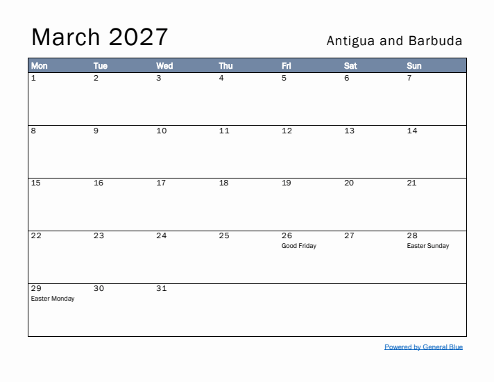 March 2027 Simple Monthly Calendar for Antigua and Barbuda