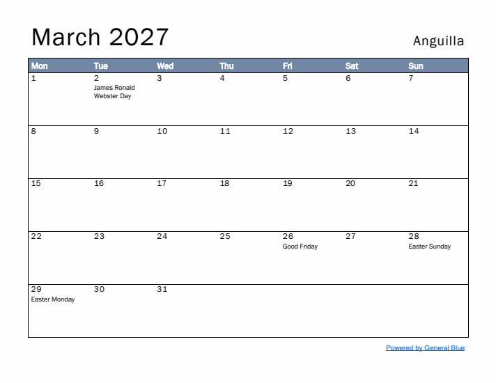 March 2027 Simple Monthly Calendar for Anguilla