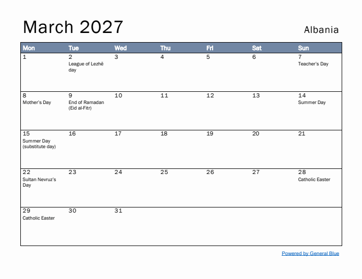 March 2027 Simple Monthly Calendar for Albania