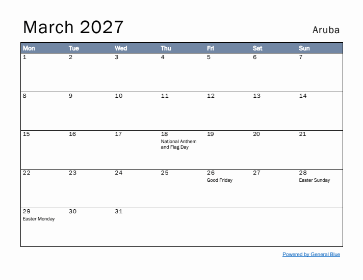 March 2027 Simple Monthly Calendar for Aruba