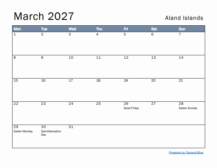 March 2027 Simple Monthly Calendar for Aland Islands