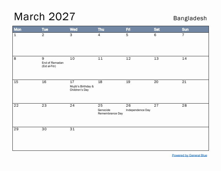 March 2027 Simple Monthly Calendar for Bangladesh