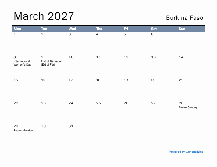 March 2027 Simple Monthly Calendar for Burkina Faso