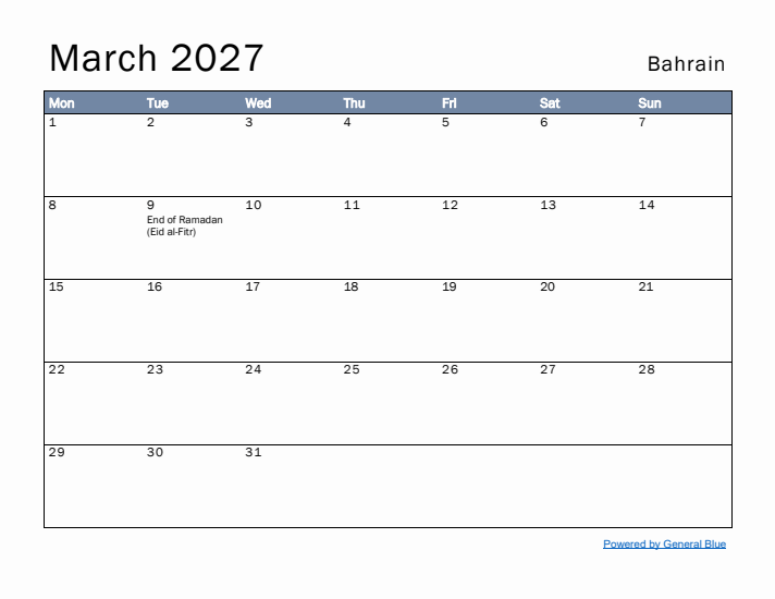 March 2027 Simple Monthly Calendar for Bahrain