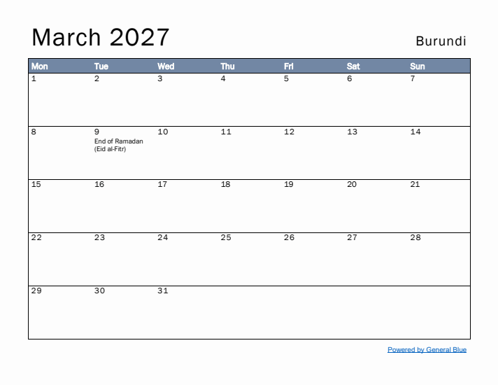 March 2027 Simple Monthly Calendar for Burundi