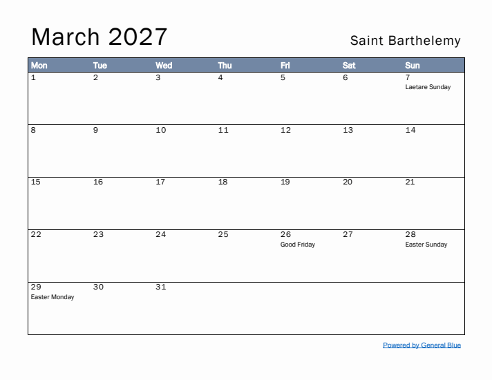 March 2027 Simple Monthly Calendar for Saint Barthelemy