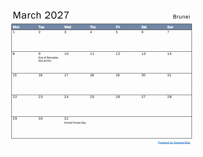 March 2027 Simple Monthly Calendar for Brunei