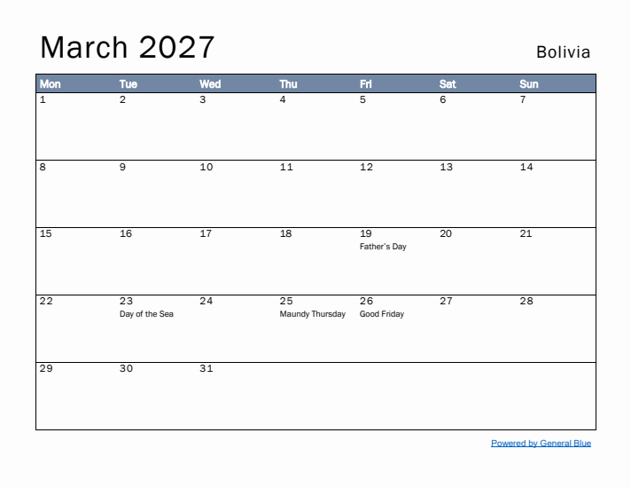 March 2027 Simple Monthly Calendar for Bolivia