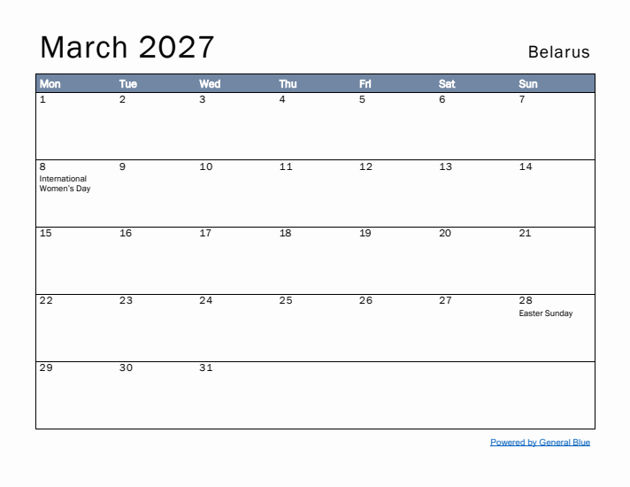 March 2027 Simple Monthly Calendar for Belarus