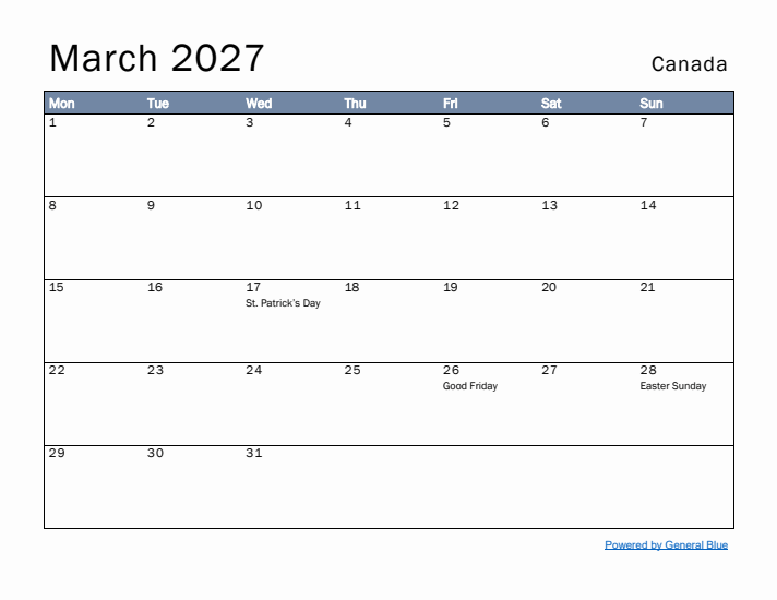 March 2027 Simple Monthly Calendar for Canada