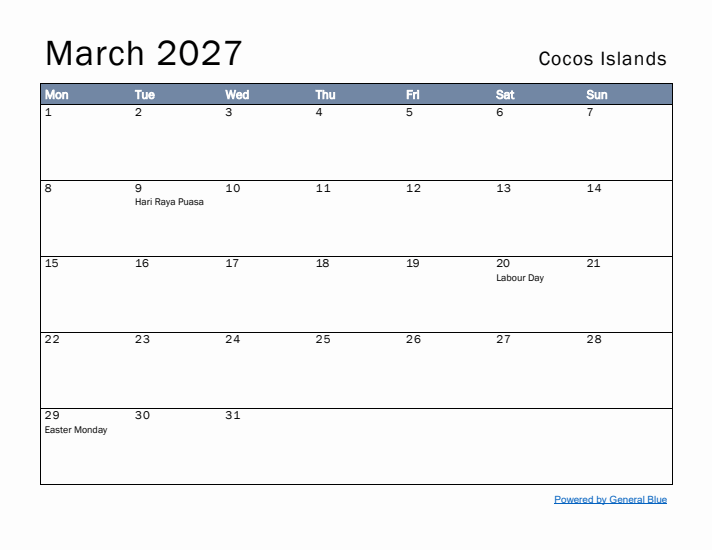 March 2027 Simple Monthly Calendar for Cocos Islands