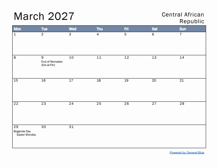 March 2027 Simple Monthly Calendar for Central African Republic