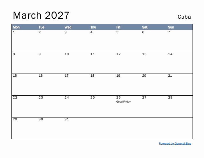 March 2027 Simple Monthly Calendar for Cuba