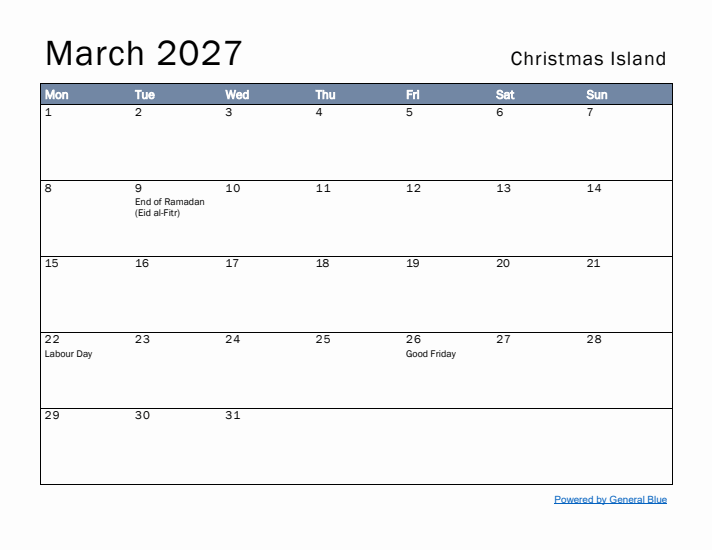 March 2027 Simple Monthly Calendar for Christmas Island