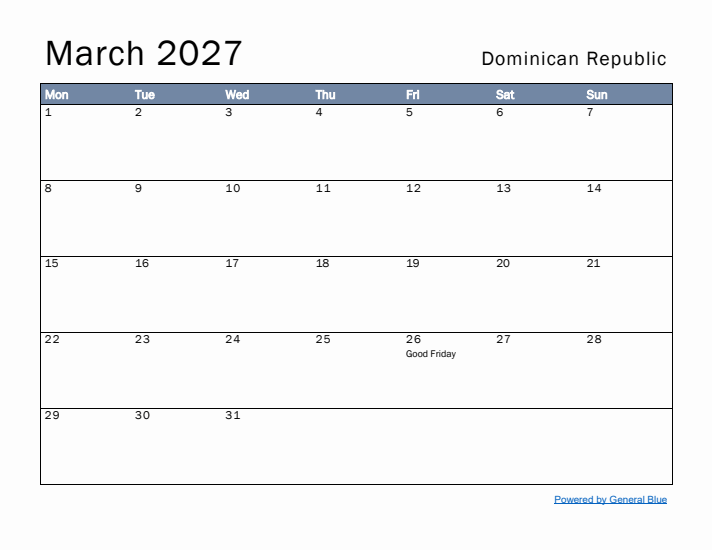 March 2027 Simple Monthly Calendar for Dominican Republic