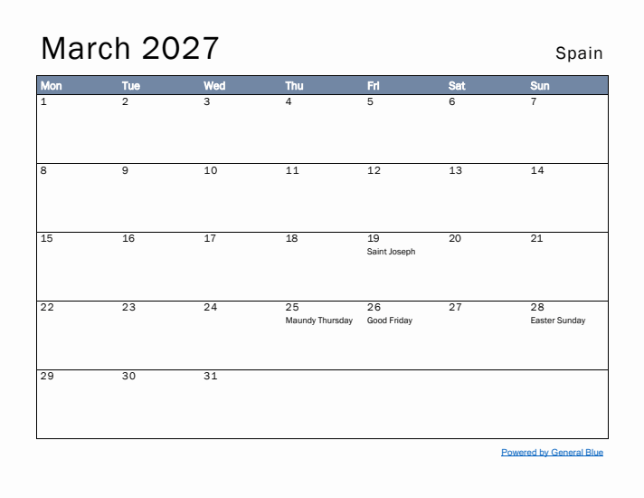 March 2027 Simple Monthly Calendar for Spain