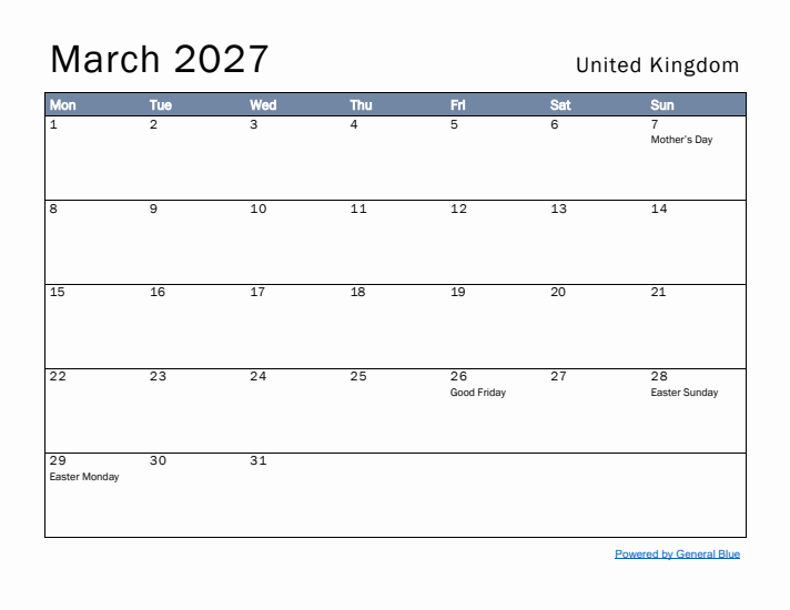 March 2027 Simple Monthly Calendar for United Kingdom