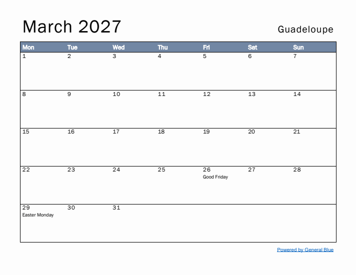 March 2027 Simple Monthly Calendar for Guadeloupe