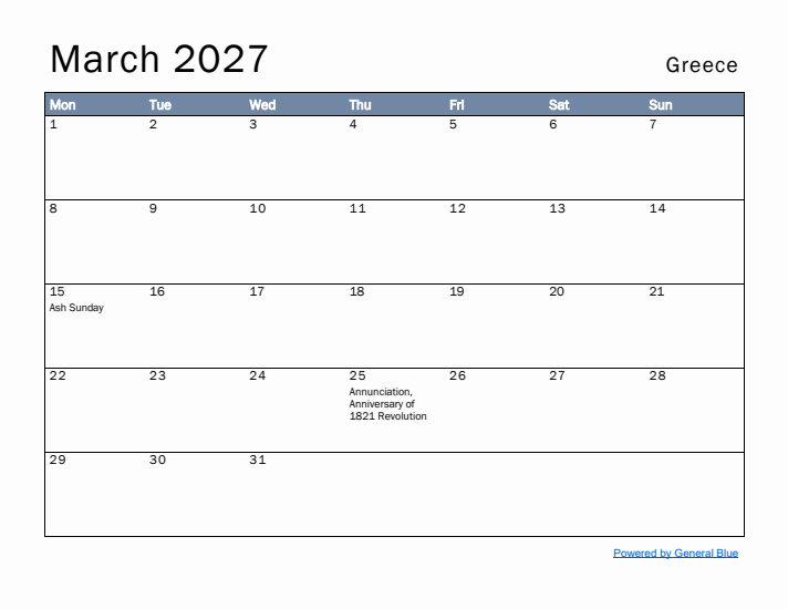 March 2027 Simple Monthly Calendar for Greece