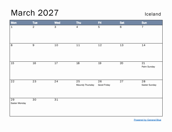 March 2027 Simple Monthly Calendar for Iceland